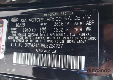 2020 Kia Rio Lx from USA, damaged, VIN 3KPA24AD8LE284237